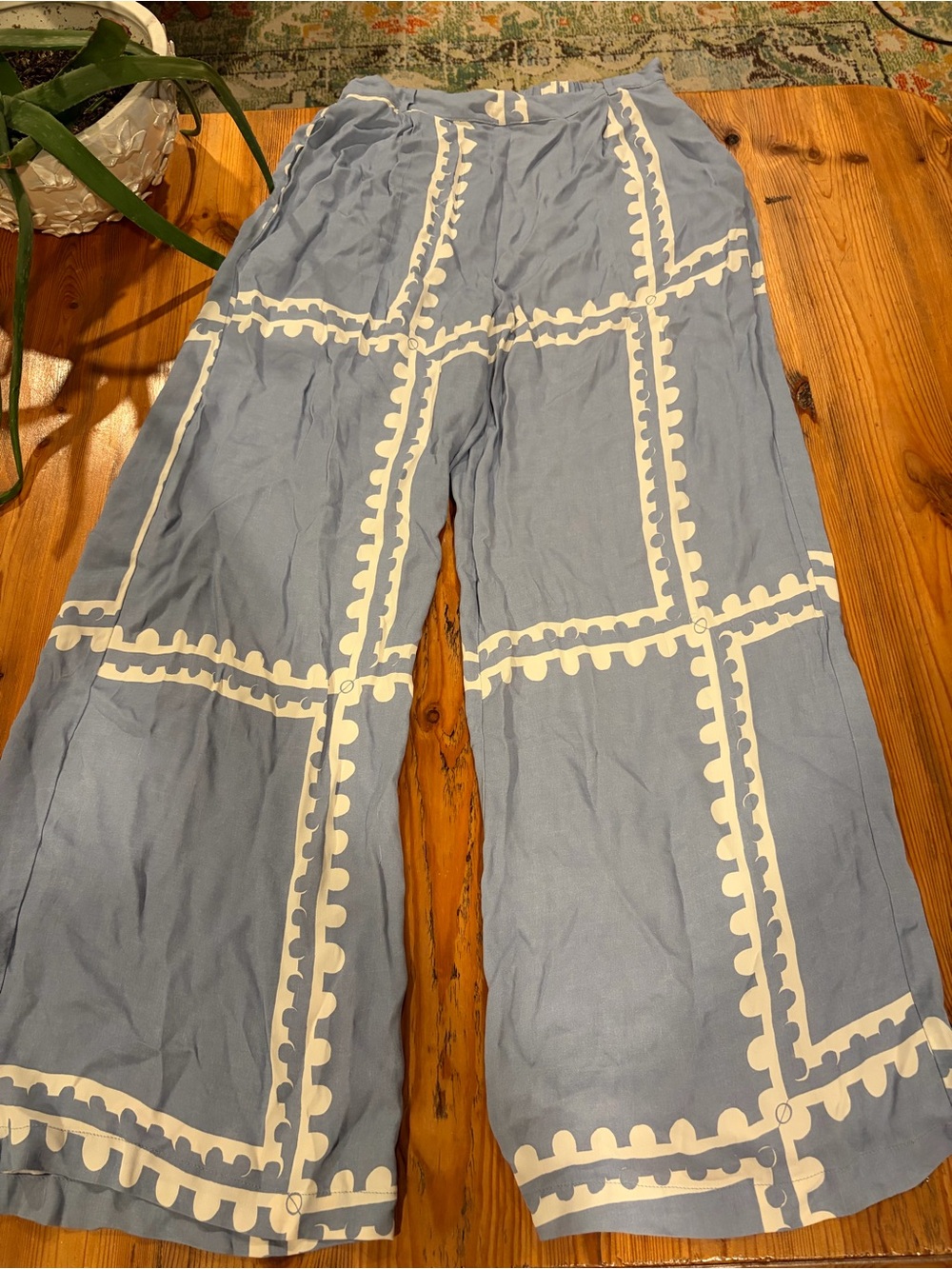 Mon Renn for Anthropologie Wide-Leg boho Blue Patterned Pull-On Pants